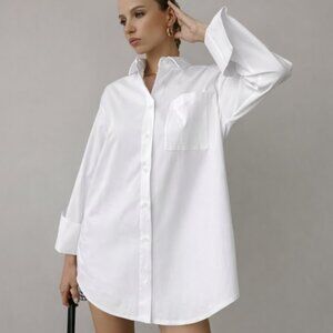 White Oversized Button Down Shirt Relaxed Fit Long Sleeve